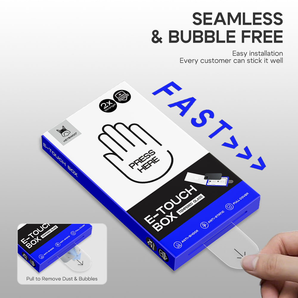 E-touch Box packaging with text highlighting features on a gray background