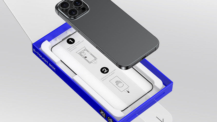 Phone case with screen protector packaging, showing before and after effects on a gray background.