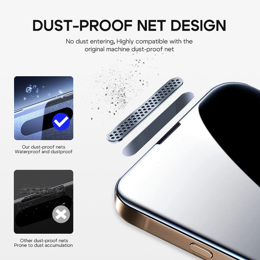 Phone with dust-proof net design features on a white background