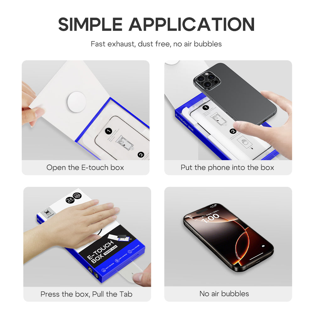 Step-by-step guide on how to use an E-touch box for phone screen protection.