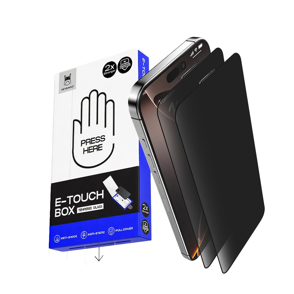 Premium privacy zaštitno staklo za iPhone 15 Plus i iPhone 16 Plus uz E-Touch inovativnu kutiju.