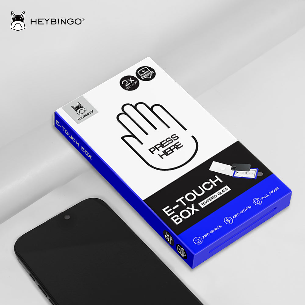 Heybingo E-Touch ambalaža za premium zaštitno staklo kompatibilno sa iPhone 15 Pro Max modelima.