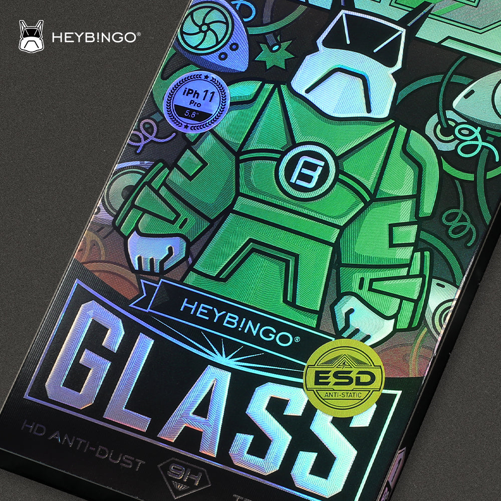 Detaljan prikaz holografskog Heybingo HD Glass pakovanja za iPhone 17 iPhone 16 Pro zaštitno staklo sa istaknutom 9H i ESD tehnologijom