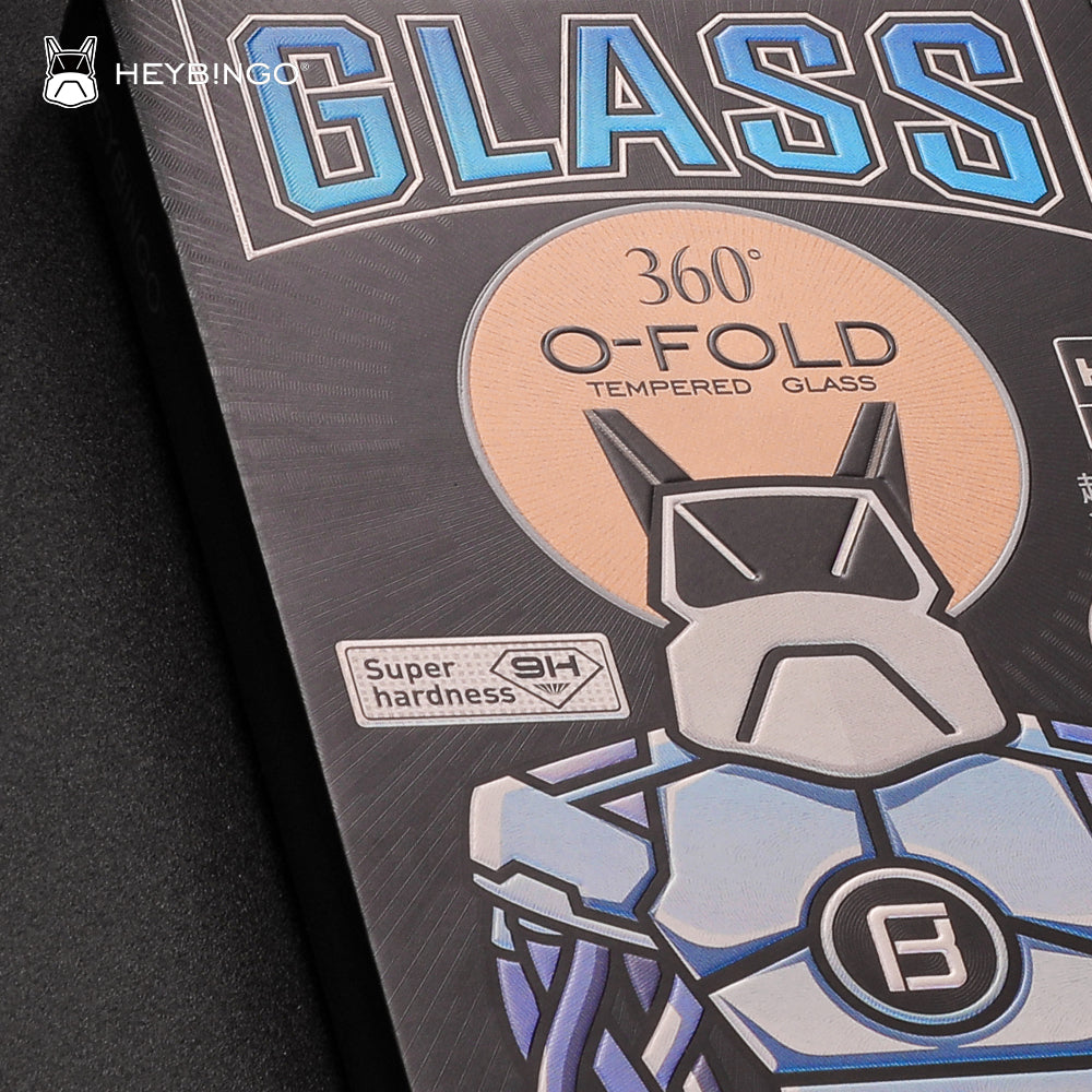 Detaljan prikaz holografskog Heybingo o-fold-hd Glass pakovanja za iPhone 14 Pro Max zaštitno staklo sa istaknutom 9H i ESD tehnologijom