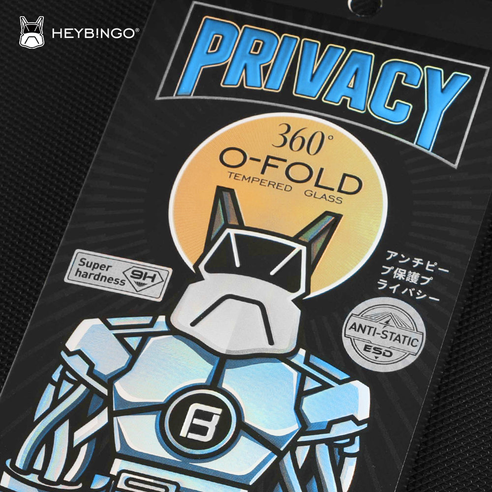 Detaljan prikaz holografskog Heybingo o-fold-privacy Glass pakovanja za iPhone 16 Pro Max zaštitno staklo sa istaknutom 9H i ESD tehnologijom