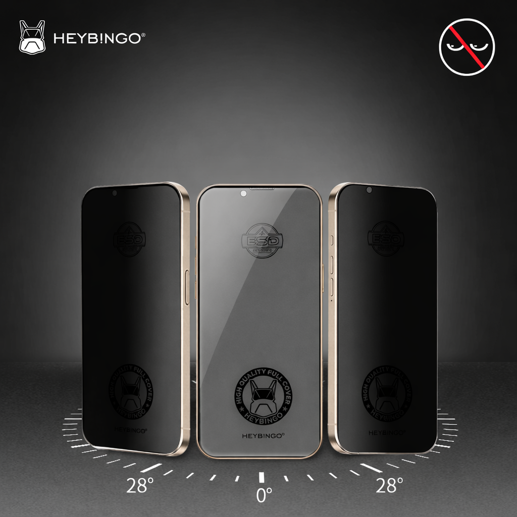 Kvalitetno Heybingo zaštitno staklo za ceo ekran spremno za postavljanje pored crnog iPhone 14 Pro Max pametnog telefona
