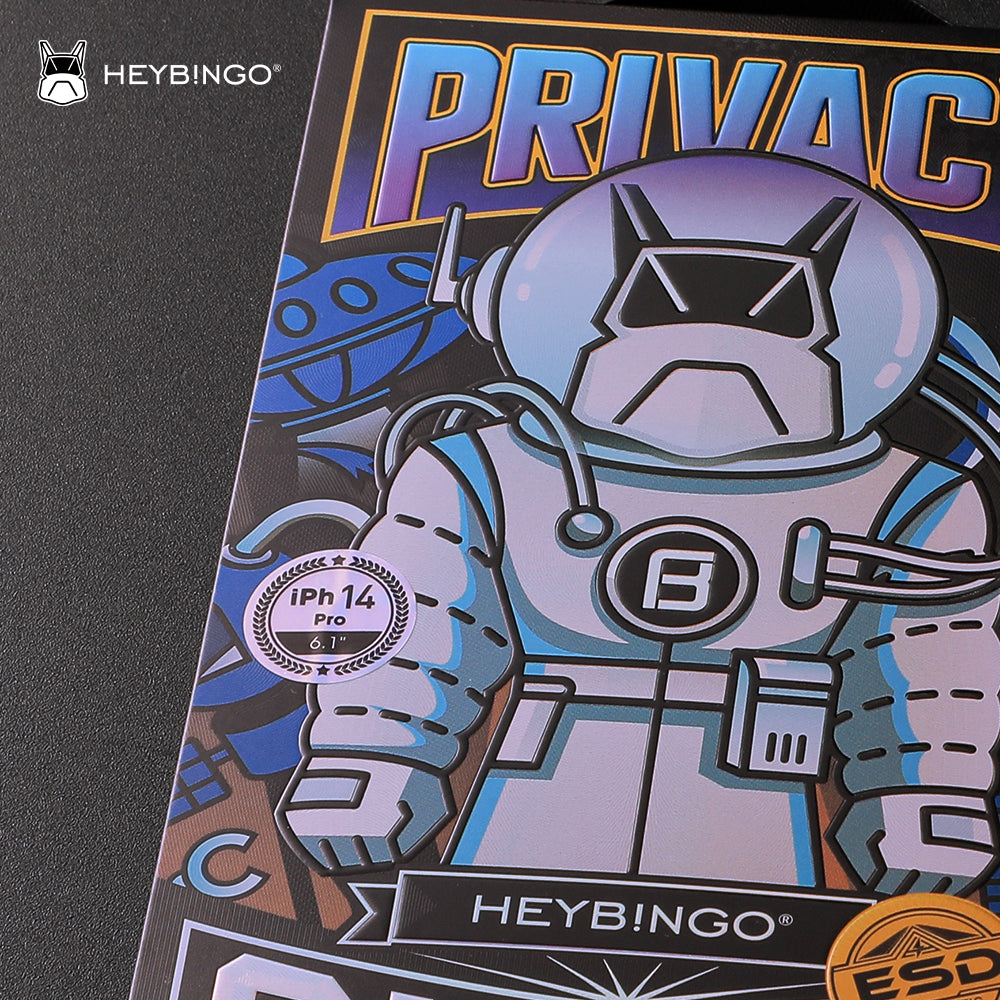 Detaljan prikaz holografskog Heybingo Privacy Glass pakovanja za iPhone 15 Pro zaštitno staklo sa istaknutom 9H i ESD tehnologijom